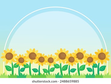 little cute sunflower field with blue sky and arch frame, vector illustration