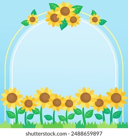little cute sunflower field with blue sky and arch frame, vector illustration