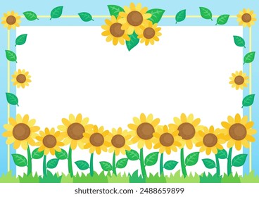 little cute sunflower field with blue sky theme frame, vector illustration