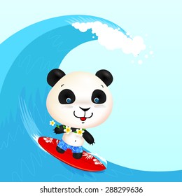 Little cute surfer panda surfing in blowing wave, vector illustration