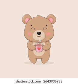 Little cute teddy bear holds a cup of coffee in its paws. Cartoon character vector illustration.