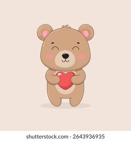 Little cute teddy bear holds a heart in its paws. Cartoon character. Happy Valentine's Day vector illustration.