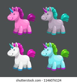 Little cute textile unicorn toy icons set. Vector fantasy pony illustration.