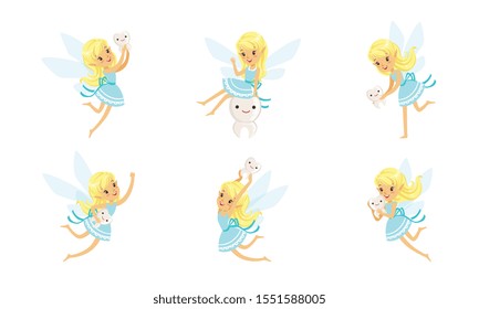 Little Cute Tooth Fairy In Blue Dress In Different Poses With Funny Cartoon Teeth Vector Illustration Set Isolated On White Background