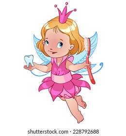 Little cute Tooth Fairy with toothbrush and tooth. Cartoon character. Vector clip-art illustration on a white background.