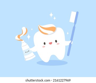 Little cute tooth with toothpaste and toothbrush isolated on light background. Clean and healthy tooth. Concept of dentistry, teeth clean, oral health. Cartoon for kids. Flat vector illustration.