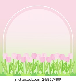 little cute tulip field with pink sky and arch frame, vector illustration