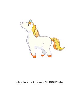 Little cute Unicorn in Cartoon design style, vector stock illustration on white isolated background for prints, stickers, icons for websites and social networks in Chilldren’s goods field.