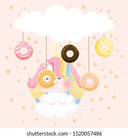 little cute unicorn eat donuts