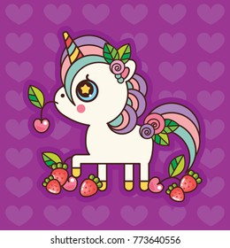 A little cute unicorn eats cherries and strawberries.
