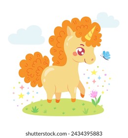 Little cute unicorn with a ginger mane standing in the meadow with butterfly and flower. Magical hand drawn horse. Cartoon character for invitation, poster, sticker, print and greeting card. Childish