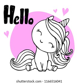 Little cute unicorn with hand drawn ink  lettering - Hello
