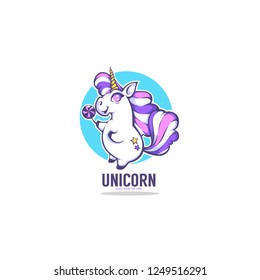 Little Cute Unicorn holding a candy, vector illustration for your label, logo, emblem