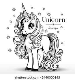 Little cute unicorn with a lush mane. Coloring book for children. Black and white vector illustration