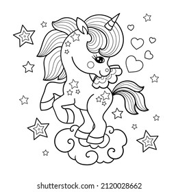 Little cute unicorn pony. Black and white linear children's picture. For the design of coloring books, prints, posters, postcards, stickers and so on. Vector