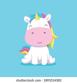 The little cute unicorn sitting with the small expression and posing from the front side of illustration