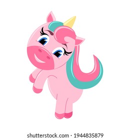 Little cute unicorn is walking on a white isolated background in cartoon style, flat. Vector drawing of a happy pink unicorn, cheerful girl. Print, printing on fabric, T-shirts, children