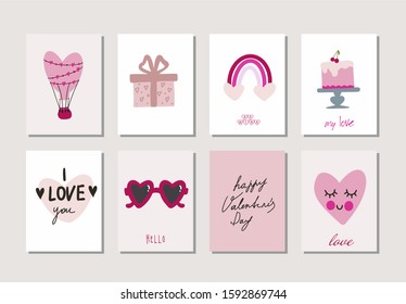 Little cute valentines day cards, vector. Simple, clean, contemporary style posters. Ideal for room decor, recognition, invitations, greetings, fashion design.nice little things, a good gift.