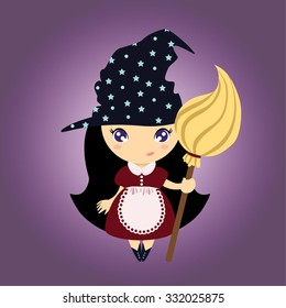 Little cute vector chibi blackhead witch with a broom