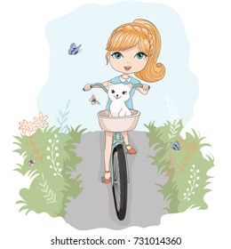 Little cute vector girl with bicycle vector design.