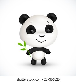 Little cute vector panda bear with green leaves