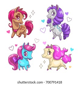 Little cute vector pony set. Funny cartoon horses icons.