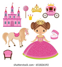 Pequeño vector lindo Princesa, castillo y carro