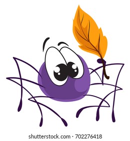 Little cute vector spider sitting with Autumn leaf vector sticker