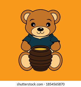 Little cute vector Teddy Bear with a jug of honey on orange background