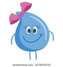 Little cute water drop with pink bow smiling happily. Cartoon vector illustration on a white background for children's book decoration, print.
