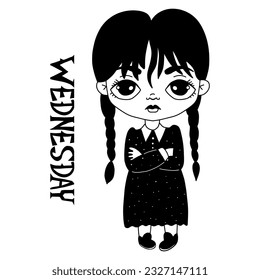 Little cute Wednesday girl  with dark dress. Vector illustration. Hand drawn doodle