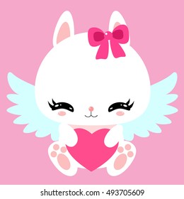 Little cute white bunny with angel wings and heart. Valentine's Day. Greeting card. Children's character.