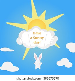 Little cute white Bunny flies on the cloud reveals the sun and a good day