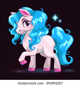 Little cute white cartoon horse with blue hair on dark background, beautiful baby pony princess, girlish vector illustration