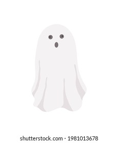 Little cute white ghost with face emotions vector illustration on the white, cartoon spooky simple character colorful drawing for Halloween holiday celebrations, banner, fairy tale character decor
