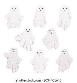 Pequeños fantasmas blancos adorables con emociones ponen ilustración vectorial en el fondo blanco, lindo y espeluznante personaje simple dibujo en blanco y negro para las celebraciones de las fiestas de Halloween