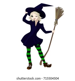 Little cute winking blonde witch in with a broom.