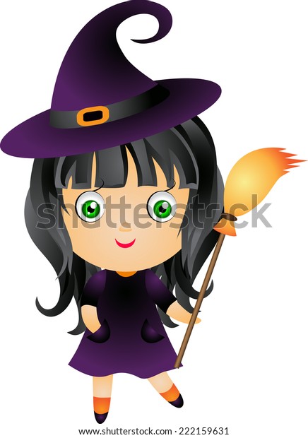 Little Cute Witch Black Hair Green Stock Vector (Royalty Free) 222159631