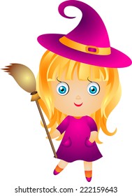 Little cute witch with blond hair and blue eyes in Chibi style with a broom and hat