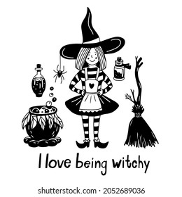 Little cute witch with broom and cauldron. Hand drawn vector  illustration and lettering. Halloween greeting card. I love being witchy.