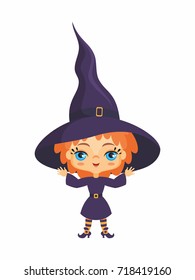 Little cute witch in a cartoon style. Children's illustration on white background.