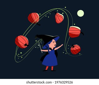 Little cute witch conjures over pumpkins with a magic wand. The girl is wearing a Halloween costume, hat and cloak. Halloween card. Flat vector illustration.