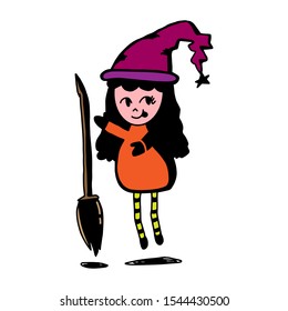 Little cute witch flying with a broom. With long hair in a cap. Vector colored cartoon hand drawn illustration isolated on white background. Print for Halloween holiday.