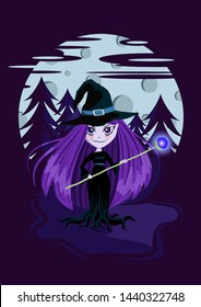 Little cute witch in the forest on the background of the moon