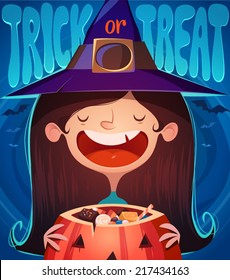 Little cute witch. Halloween poster \ background \ card. Vector illustration.