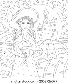 little cute witch with long wavy hair in hat holding pumpkin. night landscape with hills and castle. autumn season for your coloring book 