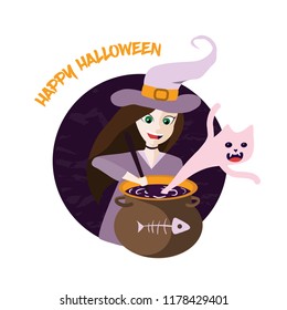 Little cute witch prepares magic potion. Ghost cat jumps from the bowl with hot broth. Rite of witchcraft creates frightening spook. Cartoon vector illustration with congratulation Happy Halloween.