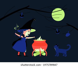 Little cute witch prepares a magic potion. The girl is wearing a costume for Halloween hat and cloak. The cat is watching its owner. Greeting card for Halloween. Flat vector illustration.