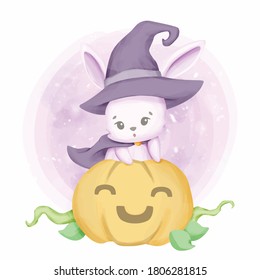 Little Cute Witch Rabbit And Smiling Pumpkin