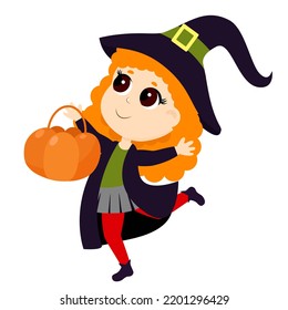 Little cute witch with red hair. The girl is dressed in a witch costume and has fun running with a basket of pumpkins for sweets. Halloween character in cartoon style for theme design.